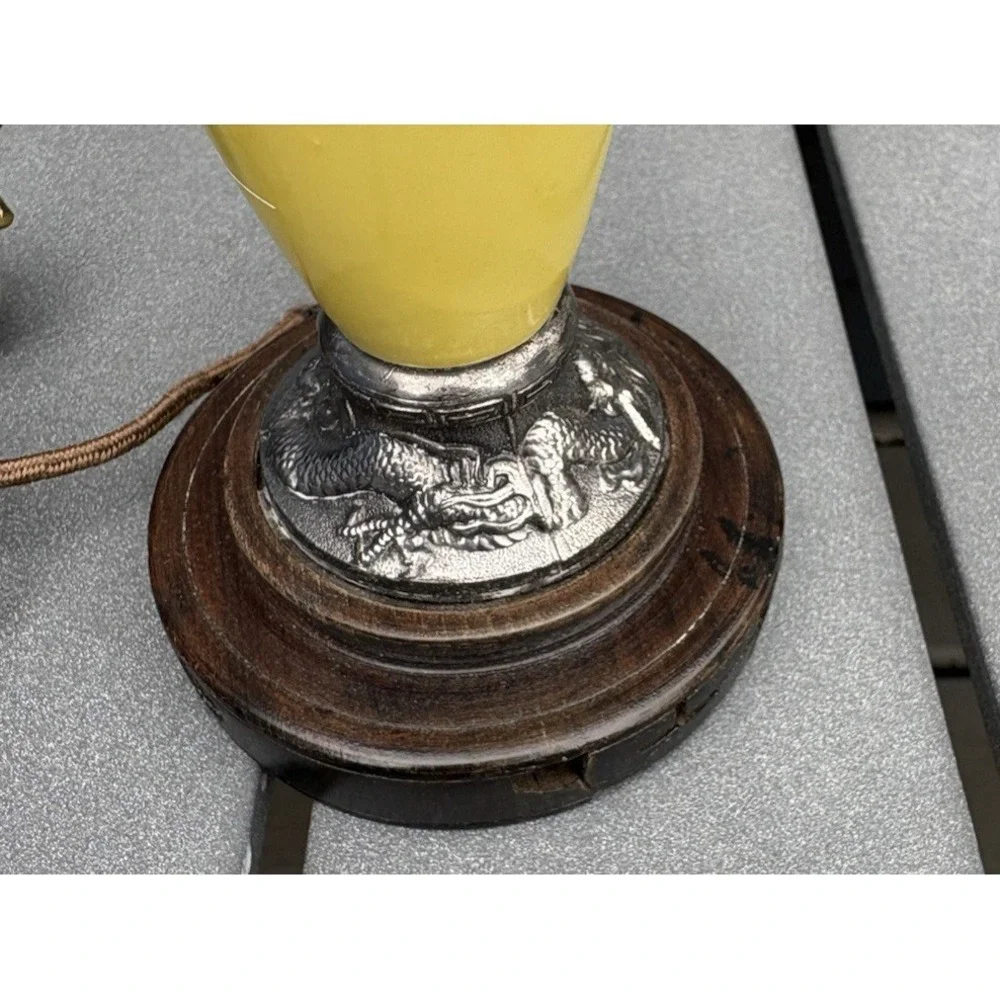Vintage chinoiserie desk lamp yellow moriage mountain scene dragonware wood base